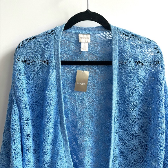 Chico’s Patrice Shrug Linen Blend Cardigan Sweater 3/4 Sleeves Manganese Blue - Picture 3 of 15